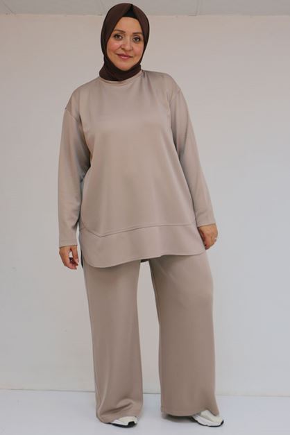 D-57046 Büyük Beden Eteği Oval Kesim Modal Pantolonlu Takım - Bej 