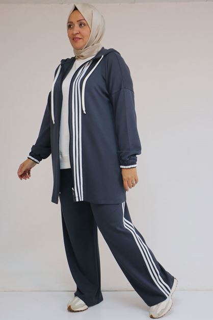 47058 Büyük Beden Şerit Detaylı Modal Pantolonlu Takım - Antrasit