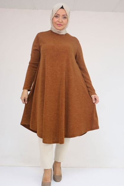 58147 Büyük Beden Mevlana Kesim Mir Tunik - Taba