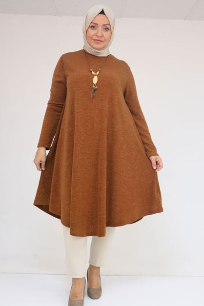 58108 Büyük Beden Mevlana Kesim Mir Tunik - Taba