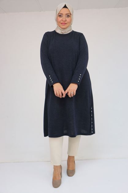 58146 Büyük Beden Kol Ve Yan Patları Taş Detaylı Mir Tunik - Lacivert
