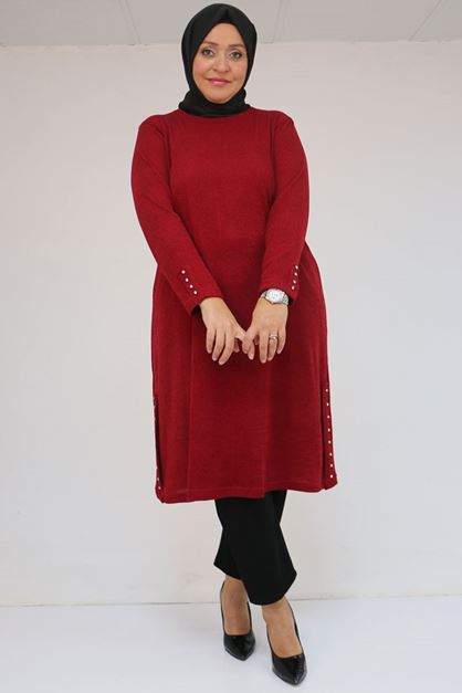 58146 Büyük Beden Kol Ve Yan Patları Taş Detaylı Mir Tunik - Bordo