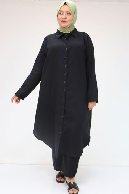 57047  Büyük Beden Müslin Pantolonlu Takım - Siyah  