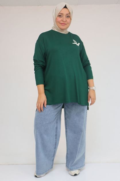 58149 Büyük Beden Taş Baskı Detaylı Çilek Tunik - Zümrüt