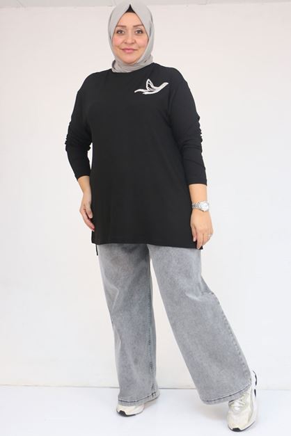 58149 Büyük Beden Taş Baskı Detaylı Çilek Tunik - Siyah