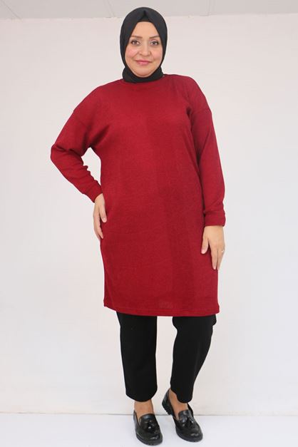 58148 Büyük Beden Düşük Kollu Mir Tunik - Bordo
