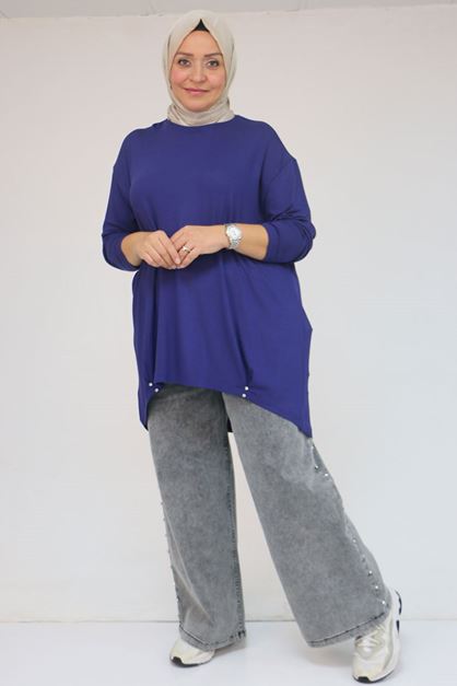 58121 Büyük Beden Yanları Biyeli Çilek Tunik - İndigo