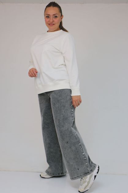 59034 Büyük Beden Bolpaça Taş Detaylı Kot Pantolon - Kar Yıkama Siyah