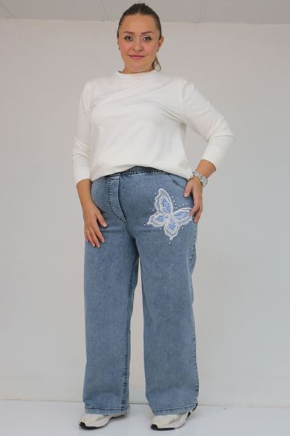 59035 Büyük Beden Kelebek Taş Detaylı Bol Paça Kot Pantolon - Kar Yıkama Mavi