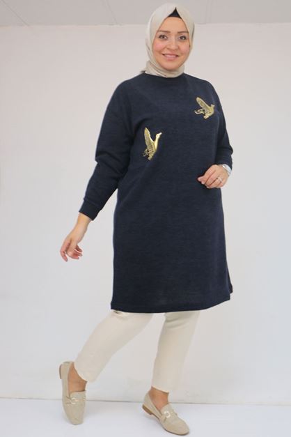 58143 Büyük Beden Düşük Kollu Aksesuar Detaylı Mir Tunik - Lacivert