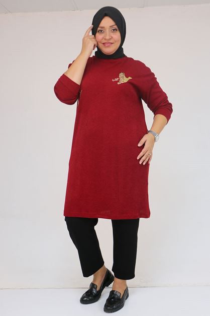 58143 Büyük Beden Düşük Kollu Aksesuar Detaylı Mir Tunik - Bordo