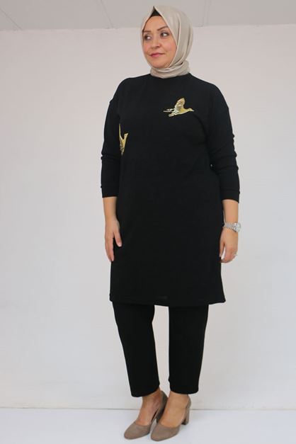 58143 Büyük Beden Düşük Kollu Aksesuar Detaylı Mir Tunik - Siyah