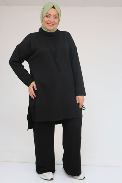 47094 Büyük Beden Boğazlı Yaka Pantolonlu Modal Takım - Siyah