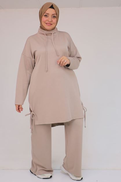 47094 Büyük Beden Boğazlı Yaka Pantolonlu Modal Takım - Vizon