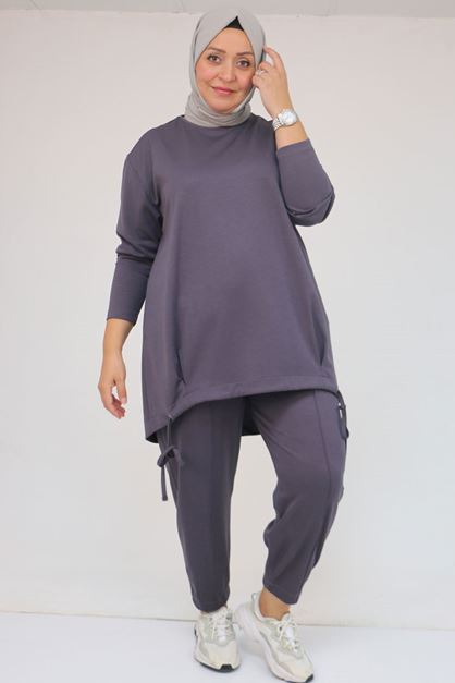 57045 Büyük Beden Önü Bağlama İp Detaylı Modal Pantolonlu Takım - Antrasit