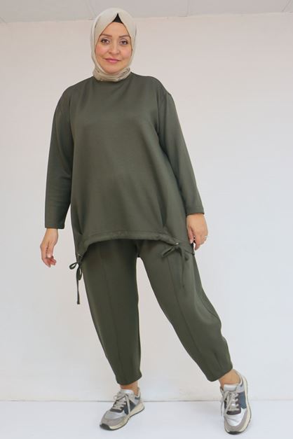 57045 Büyük Beden Önü Bağlama İp Detaylı Modal Pantolonlu Takım - Haki