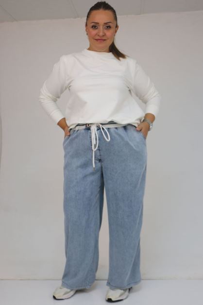 D-59032 Büyük Beden Beli Ribanalı Kot Pantolon - Kar Yıkama Mavi 