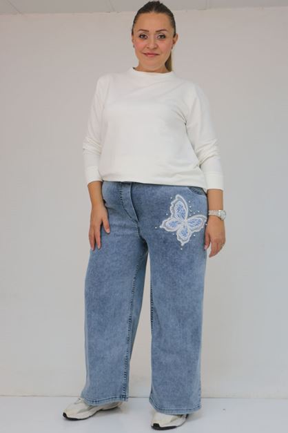 D-59035 Büyük Beden Kelebek Taş Detaylı Bol Paça Kot Pantolon - Mavi 