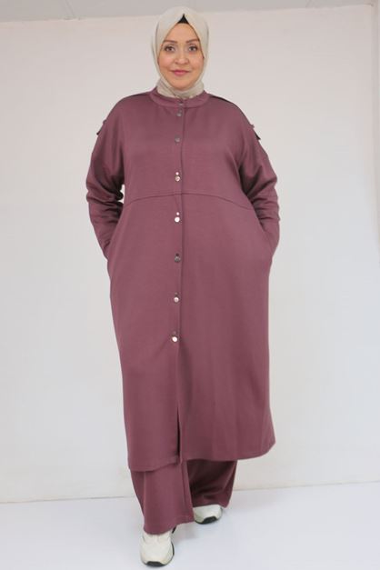 57035 Büyük Beden Omzu Apoletli Çıtçıt Detaylı Modal Takım - Gül Kurusu