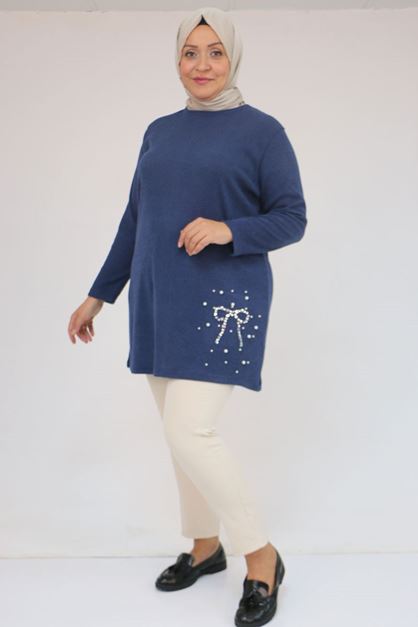 58111 Büyük Beden Önü Taş Detaylı Mir Tunik - İndigo