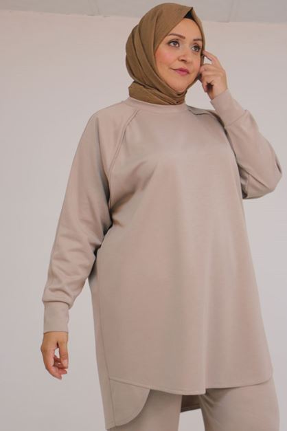 47093 Büyük Beden Eteği Parça Detaylı Pantolonlu Modal Takım - Vizon