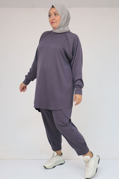 47093 Büyük Beden Eteği Parça Detaylı Pantolonlu Modal Takım - Antrasit