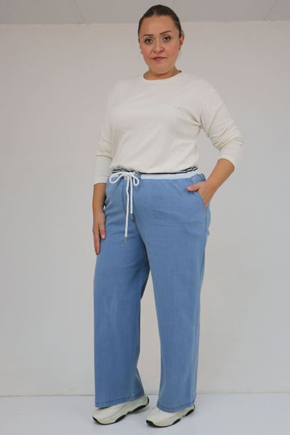 D-59032 Büyük Beden Beli Ribanalı Kot Pantolon - Petekli