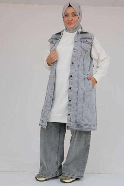 54007 Büyük Beden Çift Cepli İnci Çakmalı Kot Yelek - Kar Yıkama Gri