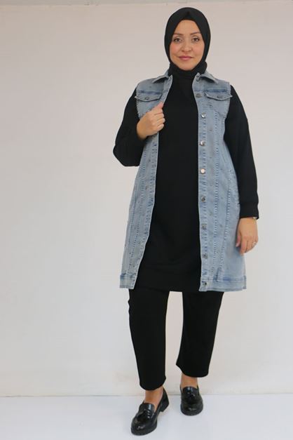 54007 Büyük Beden Çift Cepli İnci Çakmalı Kot Yelek - Kar Yıkama Duman