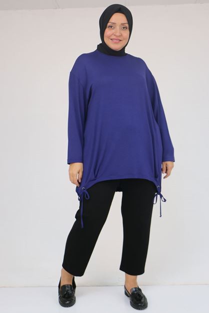 58150 Büyük Beden Kuş Gözü Bağlama Detaylı Çilek Tunik - İndigo