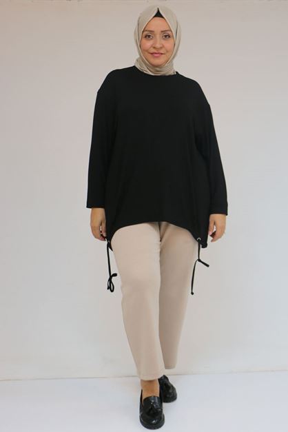 58150 Büyük Beden Kuş Gözü Bağlama Detaylı Çilek Tunik - Siyah
