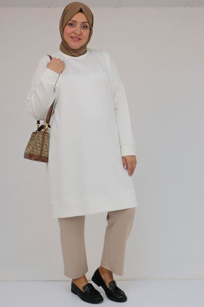 58151 Büyük Beden Kol Ve Etek Ucu Kendinden Ribanalı Modal Tunik - Ekru