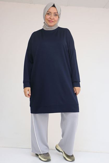 D-58151 Büyük Beden Kol Ve Etek Ucu Kendinden Ribanalı Modal Tunik - Lacivert
