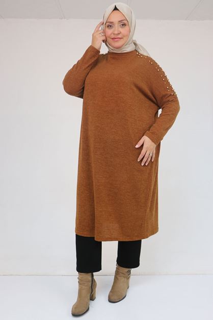 58152 Büyük Beden Düşükkol Omzu Taş Detaylı Mir Tunik - Taba