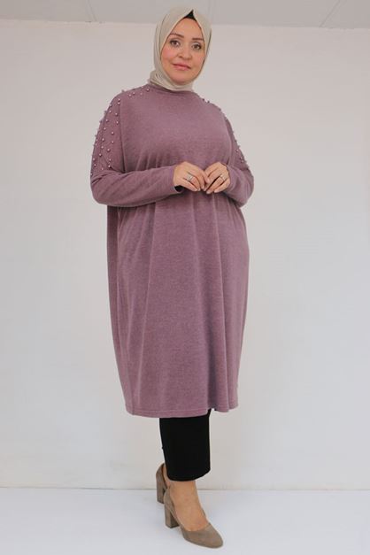 58152 Büyük Beden Düşükkol Omzu Taş Detaylı Mir Tunik - Gül Kurusu