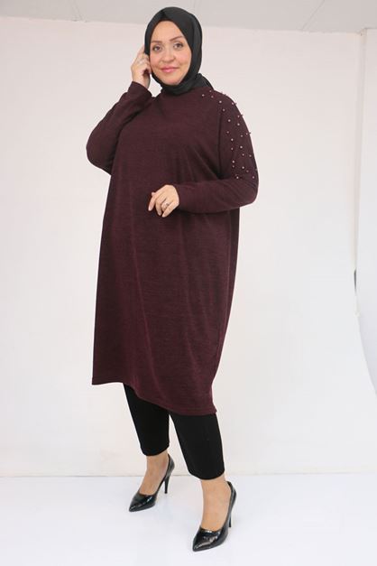 58152 Büyük Beden Düşükkol Omzu Taş Detaylı Mir Tunik - Mürdüm