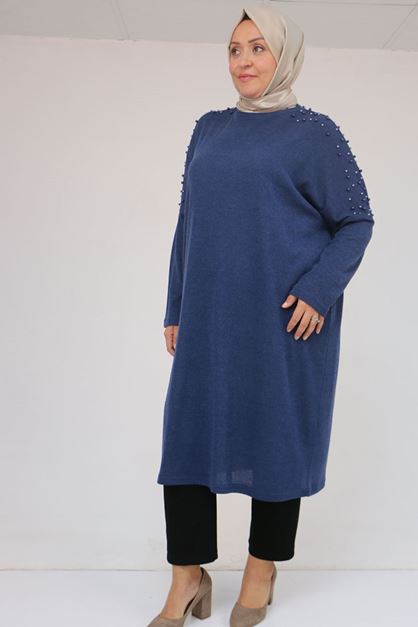 58152 Büyük Beden Düşükkol Omzu Taş Detaylı Mir Tunik - İndigo