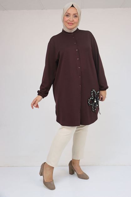 58127 Büyük Beden Hakim Yaka Aksesuar Detaylı Modal Tunik - Kahve