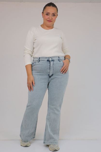 9203-1 Büyük Beden Kemerli Paçası Taş Detaylı Kot Pantolon - Kar Yıkama Buz Mavi