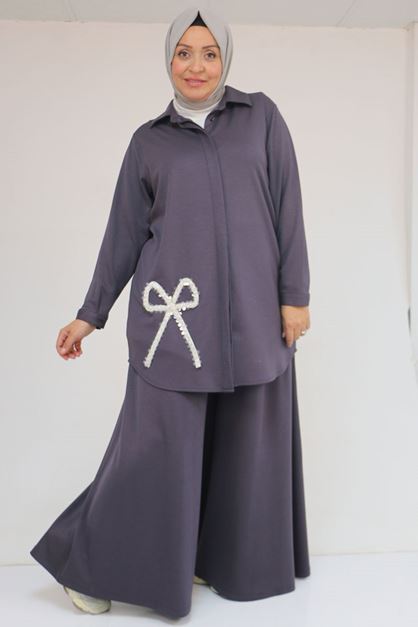 57055 Büyük Beden Gömleği Düğmeli Pantolonlu Modal Takım - Antrasit