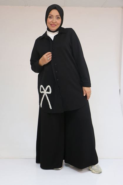 57055 Büyük Beden Gömleği Düğmeli Pantolonlu Modal Takım - Siyah