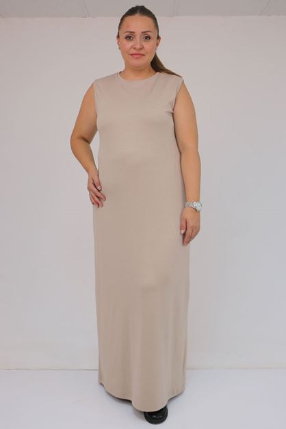 42050 Büyük Beden Modal Kolsuz Elbise - Bej