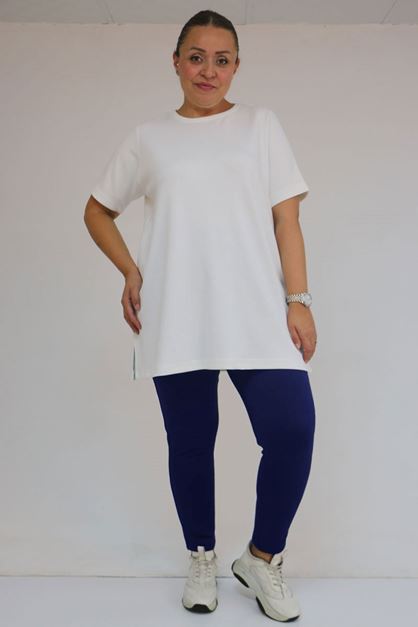 59503 Büyük Beden Beli Lastikli İçi Şardonlu Tayt - Lacivert