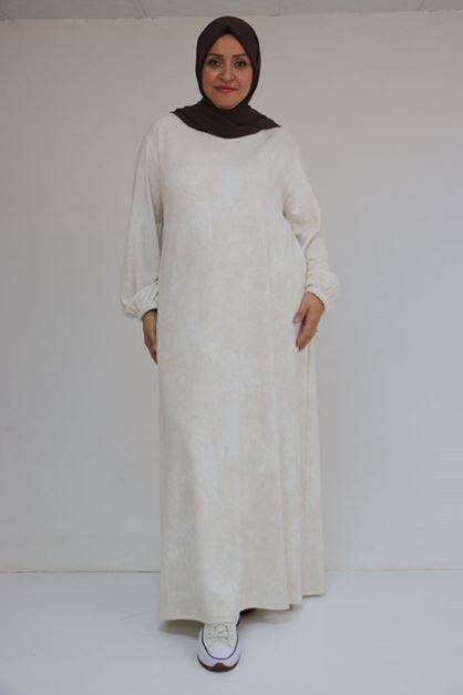 52030 Büyük Beden Kolu Lastikli Modal Elbise - Batik Ekru