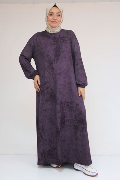 52030 Büyük Beden Kolu Lastikli Modal Elbise - Batik Mürdüm
