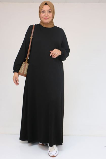 52031 Büyük Beden Kolu Lastikli Modal Elbise - Siyah