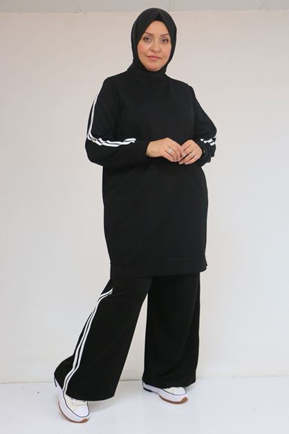 57060 Büyük Beden Omzu Şeritli Modal Pantolonlu Takım - Siyah