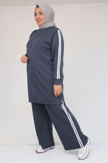 57060 Büyük Beden Omzu Şeritli Modal Pantolonlu Takım - Antrasit