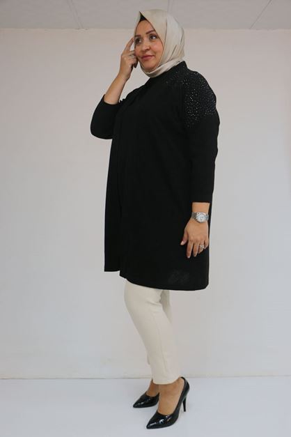 53047 Büyük Beden Omzu Taş Detaylı Mir Ceket - Siyah
