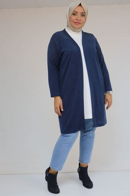 53047 Büyük Beden Omzu Taş Detaylı Mir Ceket - İndigo